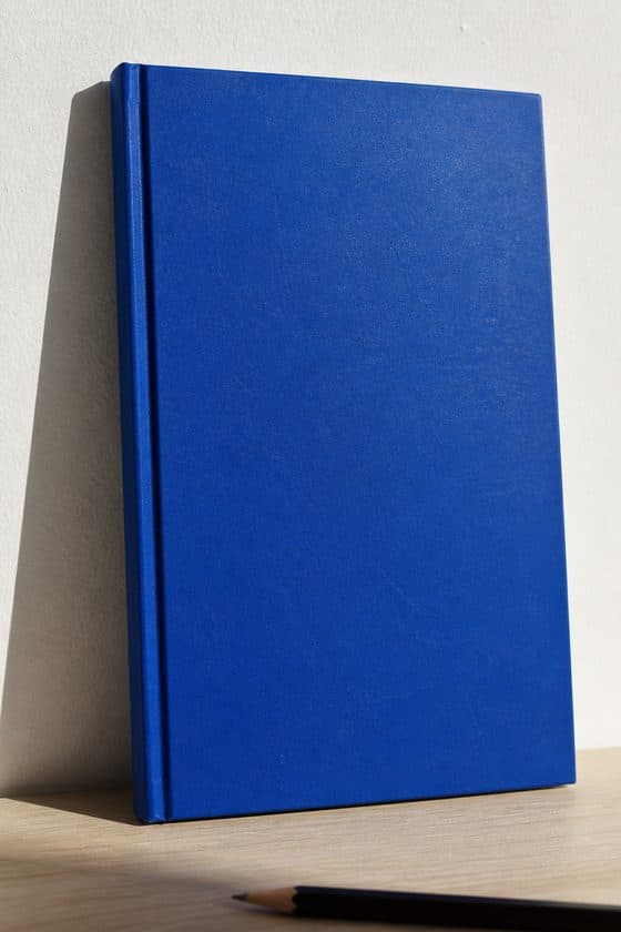 A blank cobalt blue notebook standing propped against a white wall.