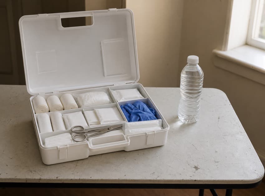 An open first aid kit on a folding table by a window, bandages and gloves laid out, a bottle of water beside it.